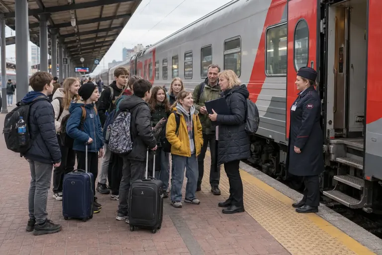 Школьный класс с сопровождающими на перроне вокзала у вагона поезда